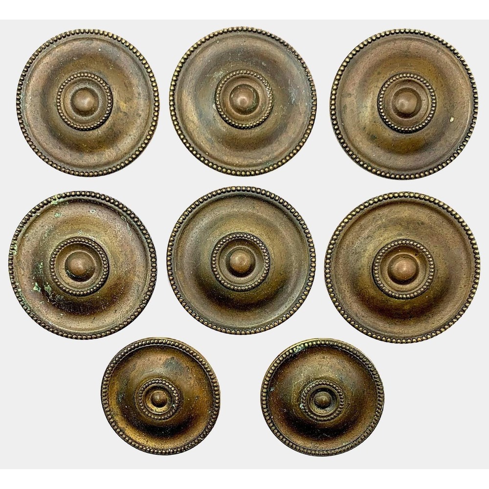 Antique Brass Hepplewhite Round Bullseye Knobs Prong Back Pulls (6 Lg, 2 Small)
